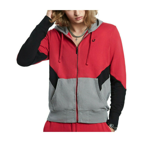 True Religion Men's Chevron Panel Zip-Up Hoodie Sweatshirt in Red/Black/Grey - Picture 1 of 6